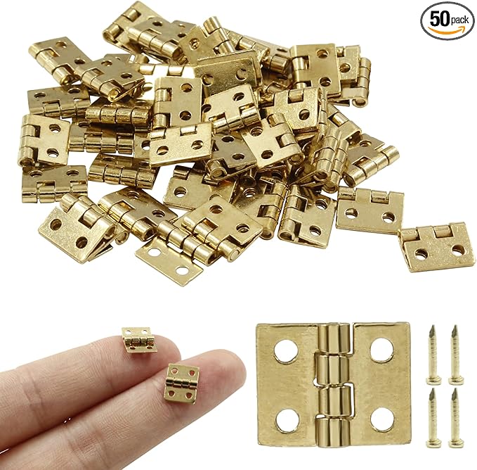 50Pcs Small Brass Hinges, 0.31"x0.39"Pure Copper Butt Gold Tiny Hinges for Mini Cabinet Jewelry Wooden Box,Doll House DIY with Mounting Screws