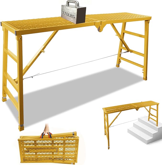Foldable Scaffolding Platform, 70.8x15.2x36.2-62 Inch Portable Work Platform, 770 Lbs Capacity, Adjustable Height Industrial Step Ladders, Ideal for Painting, Wiring and Home Decor, Yellow