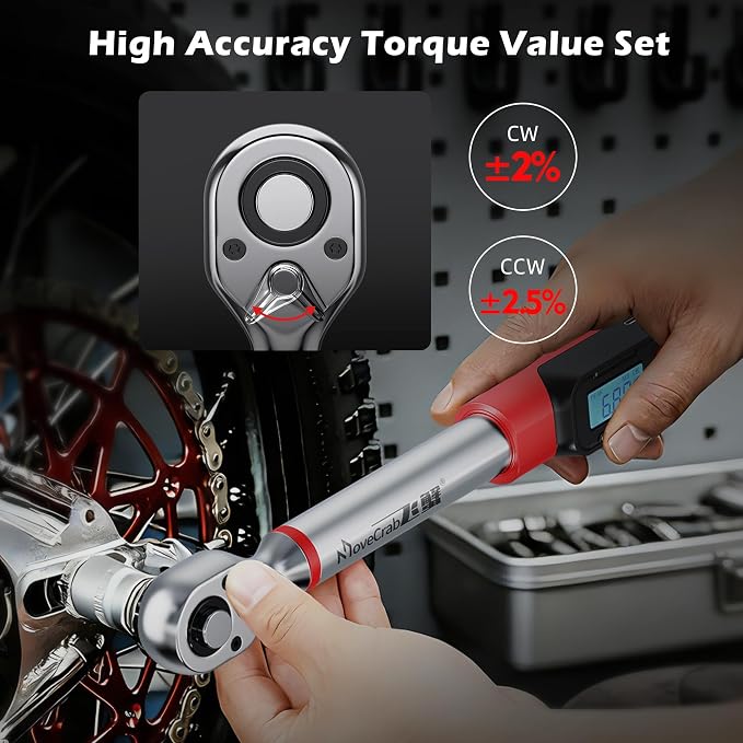 3/8" Digital Torque Wrench Set, 5-99.6 Ft.lb, ±2% Accuracy, 8pcs | Electronic Torque Wrench with LED & Buzzer Alerts, 4 Sockets, Extension Bar & Adapters for Automotive, Motorcycle, Bicycle