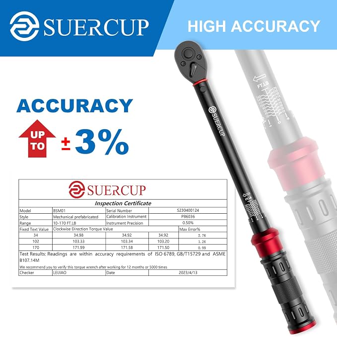 Next-Gen 100-Tooth, 1/2" Drive Click Torque Wrench, 10-170 Ft.Lb | 13.6-230.5 N.m, ±3% Accuracy, 3.6° Arc Swing Tool for Truck/SUV Suspension, Heavy Duty Control Arms, Lug Nuts & Auto Repair