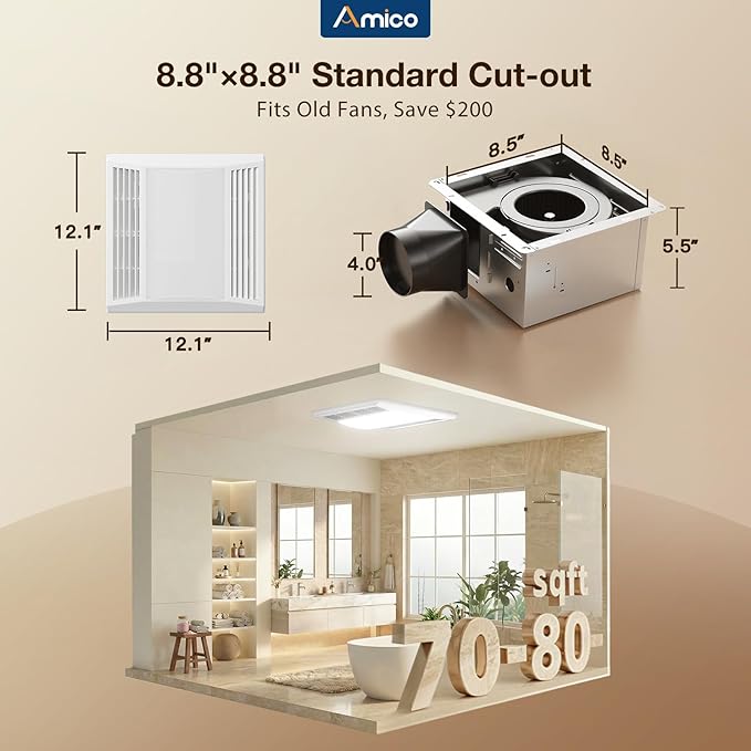 Amico Bathroom Exhaust Fan with LED Light, 80 CFM, 0.9 Sones, 1000LM, 5CCT, 90 CRI, Ceiling Mount Shower Ventilation Fan, No Attic Access Needed, 4 Inch Duct, ETL & FCC