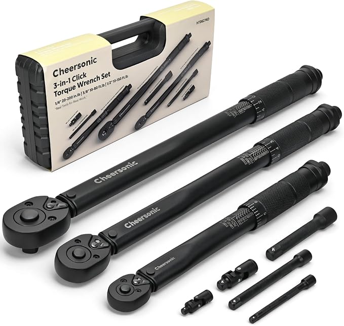 Torque Wrench Set 1/4" 3/8" 1/2" Drive 20-200 In.lb 10-80 / 10-150 Ft.lb | Reinforced Cr-V Gears, Quick-Release, Dual Scale, 98% Efficiency Boost, 2 Universal Joints & 3 Extension Bars, Storage Case