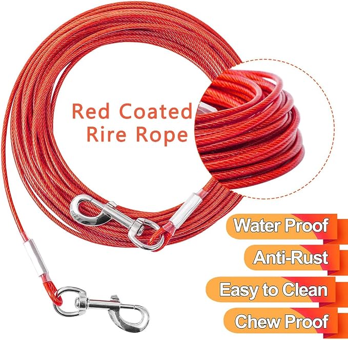 Tie Out Cable for Dogs,10/20/30/50/100FT Dog Leads for Yard Chew Proof,Heavy Duty Tie Out Cable for Large Dogs Up to 125lbs,Dog Runner Tether (Red, 125Ibs 50ft)