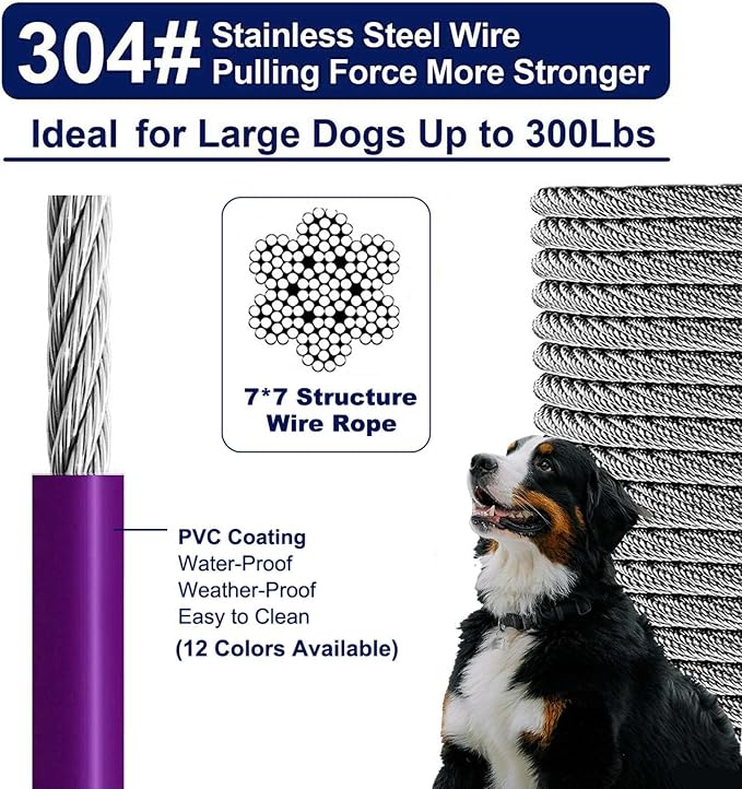 Tie Out Cable for Dogs Up to 300lbs,35ft Extra Strong 1000lbs Break Strength Tie-Out Tether Trolley Training Lead,Dog Run Cable for Yard Garden Park Camping Outside (Purple, 300lbs 35ft)
