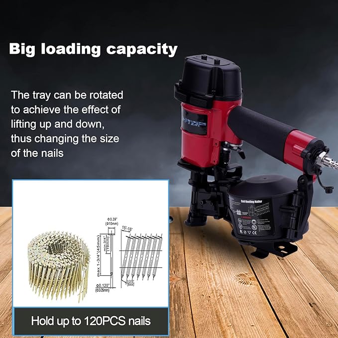 CN45N Roofing Nailer, 15 Degree Roofing Nail Gun, 3/4-Inch to 1-3/4-Inch Coil Nails, 120-pcs Load Capacity Coil Nailer in Red