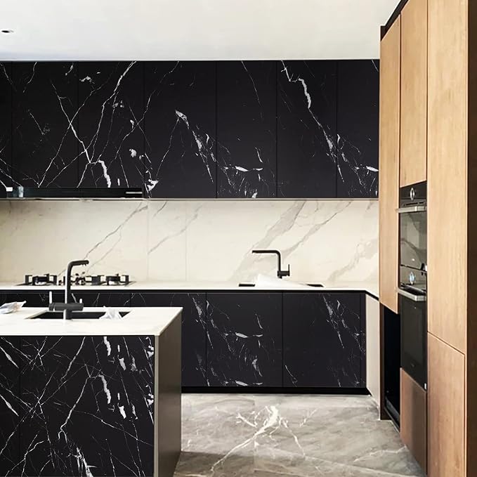 practicalWs 11.8"×78.7" Black Marble Contact Paper Matte Peel and Stick Kitchen Countertops Paper Black and White Self Adhesive Removable Waterproof Wallpaper for Cabinet Covers
