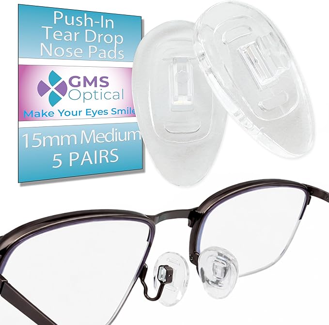 GMS Optical Push in Silicone Nose Pads for Glasses | 15mm Medium, 8.2mm Wide Width | Non Slip Nose Grips, Eyeglass Accessories for Glasses & Sunglasses, Provides Comfort & Stability (5 Pairs, Clear)