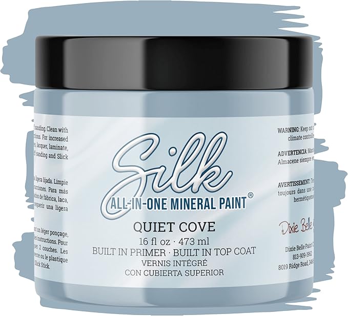 Dixie Belle Silk All-in-One Mineral Paint - Quiet Cove (16oz) - Blue-Gray Water Based Built-In Primer + Topcoat for Wood + Metal - Durable Furniture Paint - Low Reflective Finish