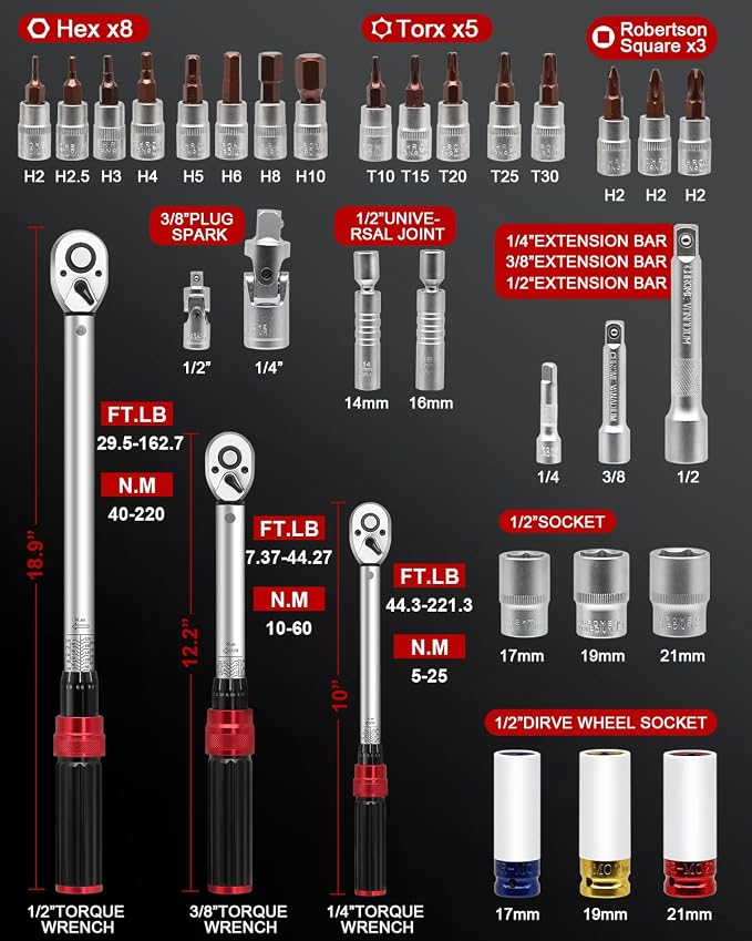 1/4 3/8 1/2-inch Drive Torque Wrench, 32Pcs Torque Wrench Set with Hex, Torx, Sockets, Spark Plug Socket & Adapters for Bike, Motorcycle, Car Spark