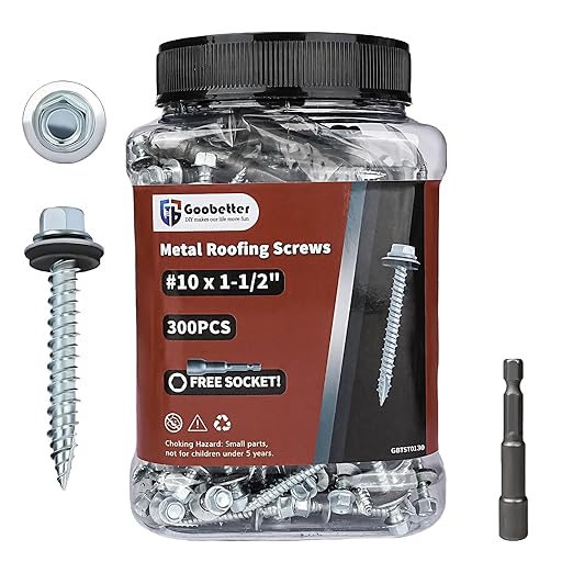 Metal Roofing Screws 1-1/2" Galvanized Hex Head Sheet Metal Screws, Metal to Wood Siding Screws, Self Tapping Screw with EPDM Washer for Corrugated Roofing (300Pcs)