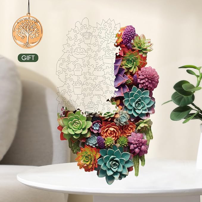 Delobil Puzzles for Adults with Puzzle Saver - Succulent Wooden Puzzle Gifts Unique Adult Jigsaw Puzzles Brain Teaser Family Game 200 Pieces 12.6" X 7.8"