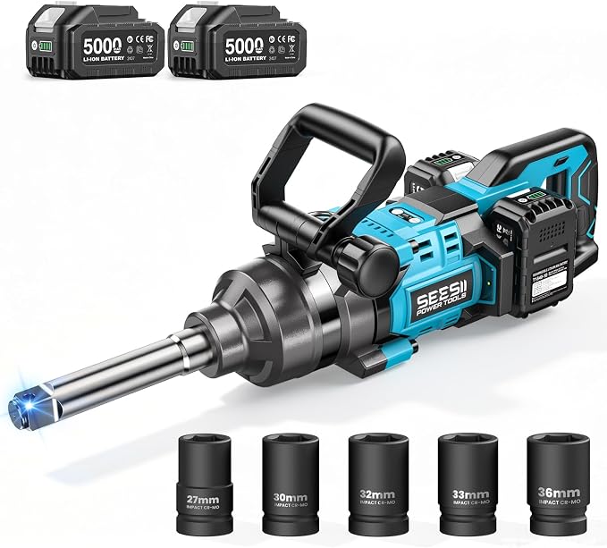 Seesii Cordless 1 inch impact gun 2581.47 FT-LBS(3500 N.m) High Torque Impact Wrench 7.88" Extended Anvil with 21V 2x5.0 Ah Battery, 5 Sockets&storage bag, for Truck,Tractor&Agri-Service,Construction