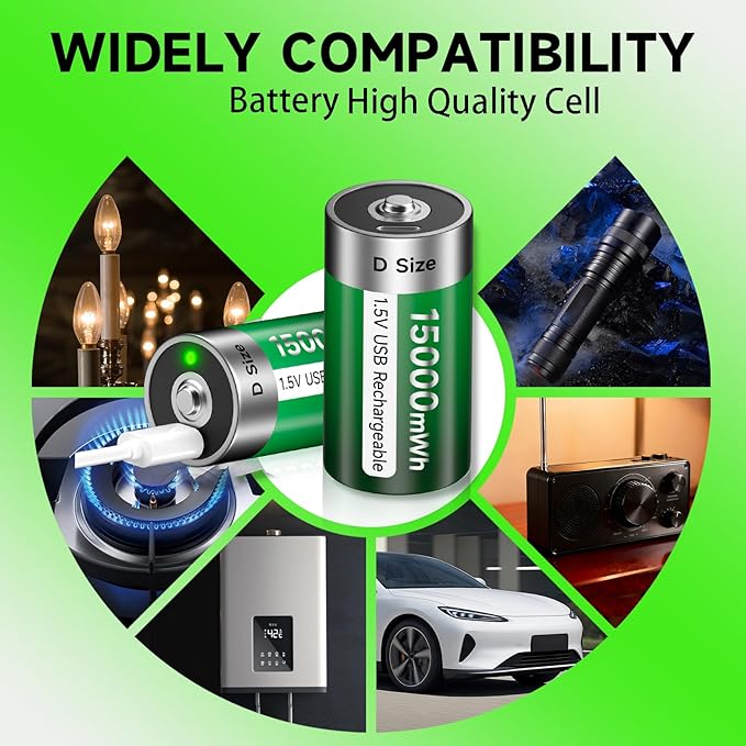 Rechargeable D Batteries 8 Pack, 15000mWh Rechargeable D Cell Battery with 4-in-1 USB-C Charging Cable, 1.5V Batteries D Size for Floodlight Toys, Water Heater, Gas Stove