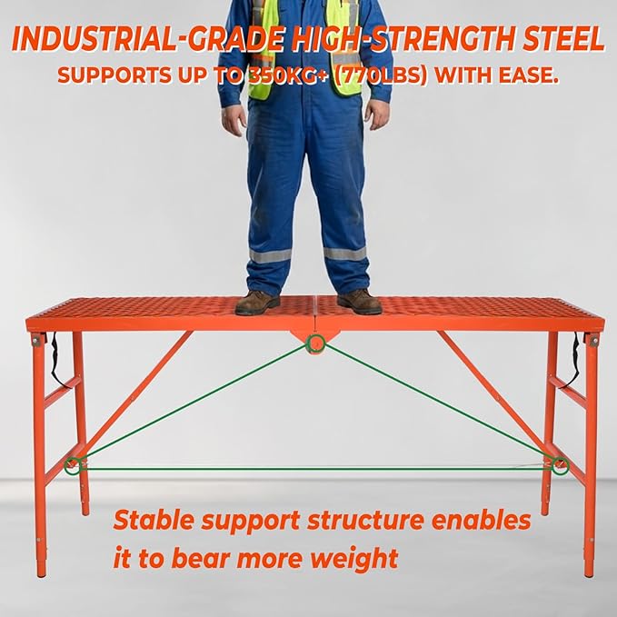 70" Folding Scaffolding Platform, 770lbs Heavy Duty Portable Work Platform with Adjustable Legs for Stairs & Uneven Ground, Multi-Purpose Scaffold Ladder, Welding Table, Red