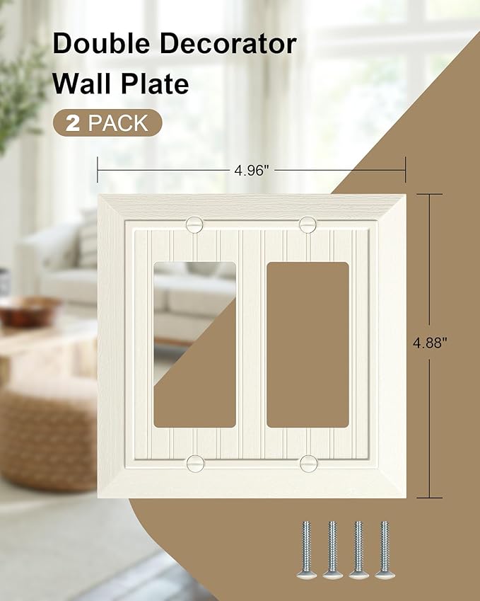 2-Pack Classic Beadboard Decorative Double Decorator Outlet Cover Plate, Light Almond Unbreakable Polycarbonate Wall Plates for Electrical Outlets, Receptacle, GFCI Outlet, Dimmer Switch, 2-Gang