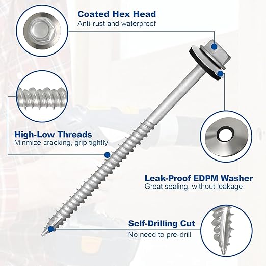 FMhotu Metal Roofing Screws #10×3Inch, 1000-PCS, Hex Head Rustpert Coating Sheet Metal to Wood Siding Screw with EPDM Rubber Washer, Sharp Point, Hex Socket Included