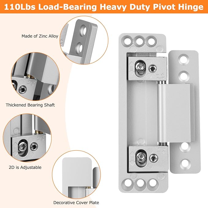 Hidden Door Hinges, 2Pack Adjustable Concealed Hinges 110Lbs Load-Bearing Heavy Duty Pivot Hinge 110° Swinging Invisible Hinges for Secret Doors, Bookcase, Shelf & Murphy Door