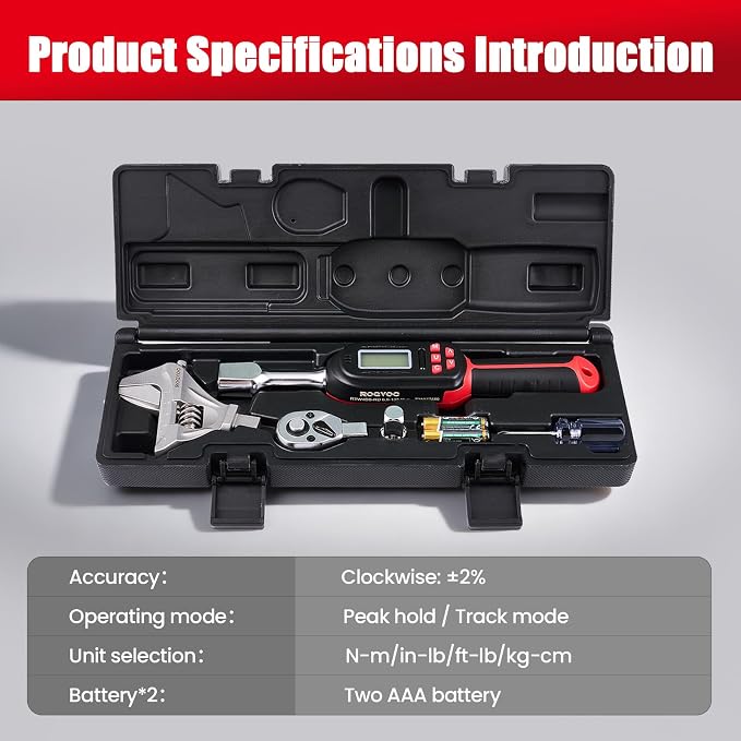 Adjustable Digital Torque Wrench for HVAC 5-100 ft.lb/6.8-135 N.m | Interchangeable Electronic Torque Wrench, 42 mm Open End and 1/2 inch Ratchet, 2% Accuracy, LED Buzzer Alert