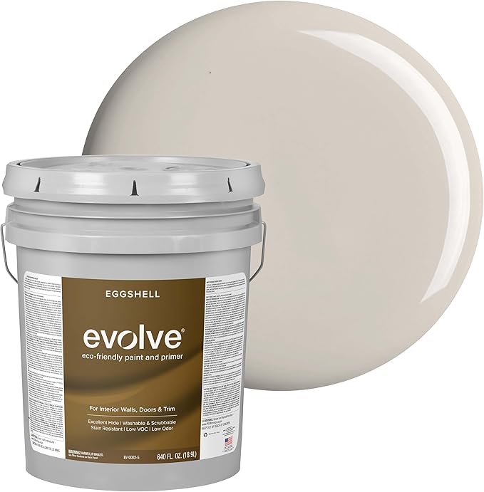 EVOLVE Interior Paint & Primer, Eggshell (Warm Gray), 5 Gallon – One-Coat Coverage, Excellent Hide, Low VOC, Low Odor, Washable Paint for Walls, Doors & Trim