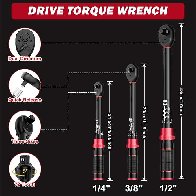 VANPO Torque Wrench Set, 1/4", 3/8", 1/2" Drive, 47-Piece, Click Type | 20–240 in-lb, 5–45 & 10–170 ft-lb for Lug Nuts, Car, Motorcycle & Bike Repair, with S2 Bits Wheel & Spark Plug Sockets, 72T