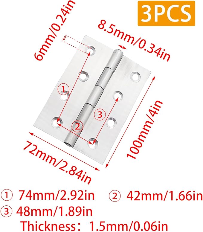 Pine & Linen 3 Pack Stainless Steel Folding Hinge, Butt Cabinet Hinge, Window Hinges Small Hinges with 24 Pieces Screws for Home Furniture/Cabinet Projects/DIY Enthusiasts（4 Inch）
