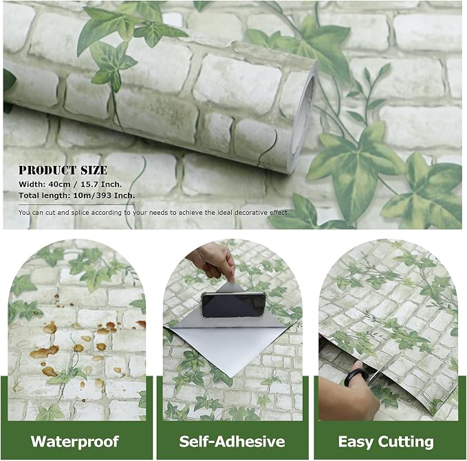Brick Peel and Stick Wallpaper Self Adhesive Wallpaper Removable Contact Paper 3D BrickTextured Vintage Wall Paper Decorative Green Leaves Brick 15.7"x393"
