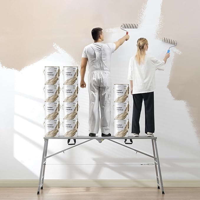 VEVOR Work Platform, 71"x 15" Portable Scaffolding Platform, Folding Steel Step Ladder Adjustable Height 35.4”-59.1”, 800 lbs Load Capacity, Non-Slip Drywall Painting Stool for Cleaning &Washing