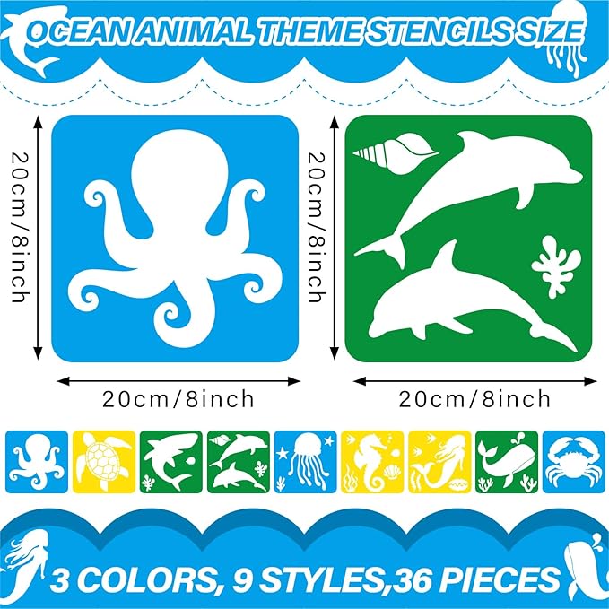 36pcs Ocean Animal Drawing Stencils for Kids 8 Inch Sidewalk Chalk Stencils Painting Large Washable Reusable Sea Animal Themed Primary Shape Template for Kids Toddlers Preschool
