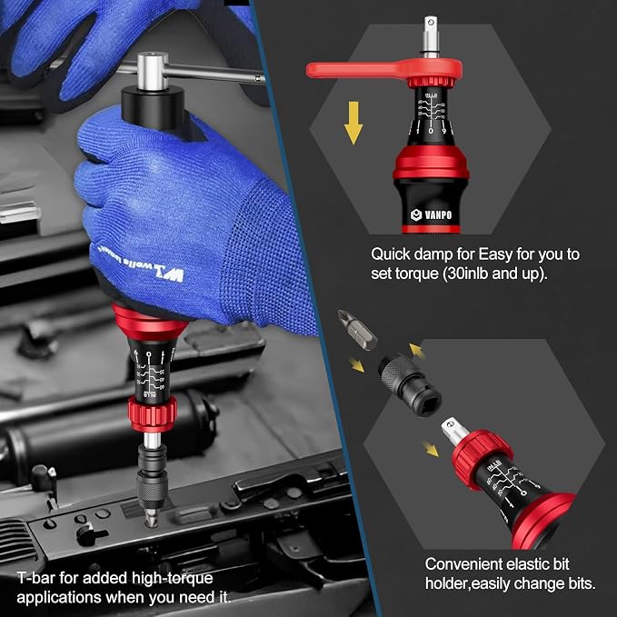 VANPO Torque Screwdriver Set 10-60 in-lb, 99-Piece Torque Driver Kit | with T-Bar & 1/4" Quick-Change Adapter, Adjustable for Scope Mounting, Bicycle & Electronics Maintenance