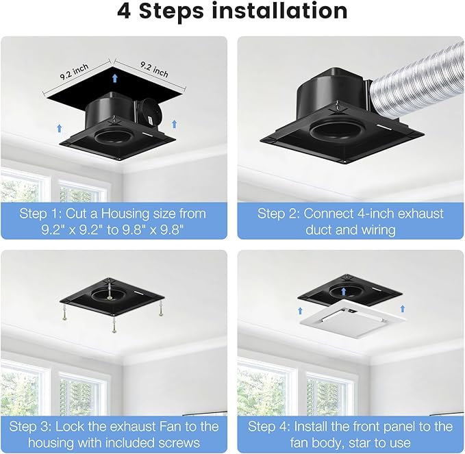Bathroom Exhaust Fan for Ceiling Mount, 11.8" Household Bath Vent Ventilation Fans with 1.0 Sones Quiet Operation, 110 CFM with 4" Duct Collar, 26W Low Consumption