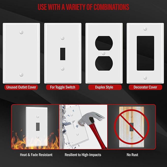 ENERLITES Toggle Light Switch Metal Cover Plate, Wall Plate, Corrosion Resistant, Standard Size 1-Gang 4.50" x 2.76", Powder Coated Stamped Steel, 7711-WG, White Gloss
