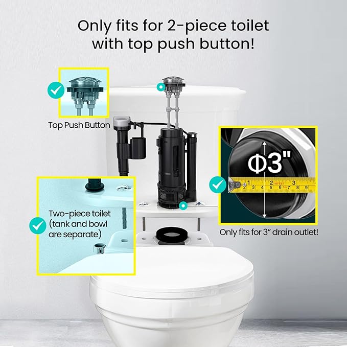 R&T 3-Inch Dual Flush Valve with Top Push Button Toilet Repair Kit Inside Tank dual flush valve replacement kit for 2-piece Toilet, Quick Fix Toilet Leaking, Running Water and Ghost Flush A2422M