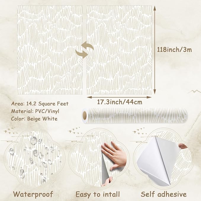 Theper Beige Peel and Stick Wallpaper Boho Contact Paper 17.3"×118" | Striped Modern Wallpaper Removable Self Adhesive Wall Paper for Bedroom Waterproof White and Gold Wallpapers Vinyl