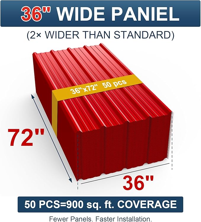50 Pack PPGI Metal Roofing Panels, 72" x 36", 28 Gauge, 900 Sq. Ft. Coverage, Prepainted Galvanized Steel Sheets for Residential, Commercial, Pergolas, Gazebos, Fencing, and Patio Roofs（Red）