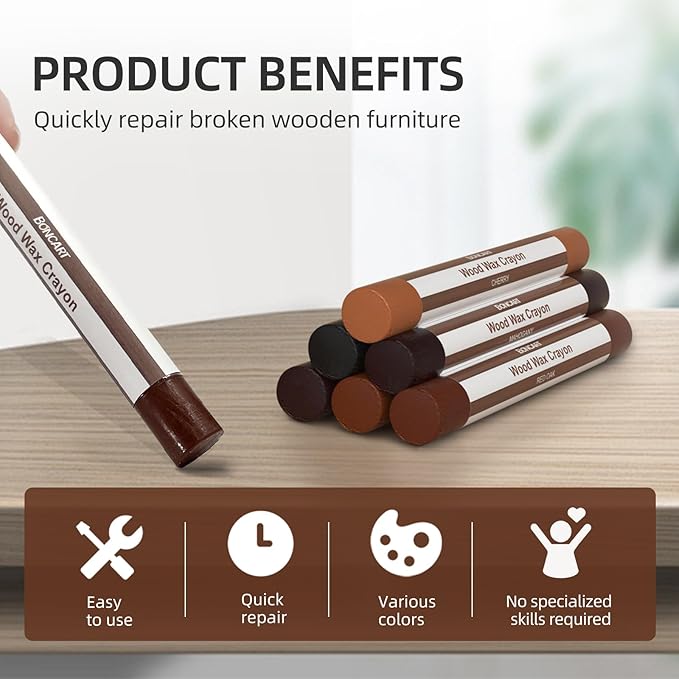 Boncart Wood Filler Sticks,6 Colors Wood Wax Crayons for Repairing Scratches, Scuffs, Cracks, and nail Holes on Wood Furniture, Floors, Cabinets, Tables, and Doors