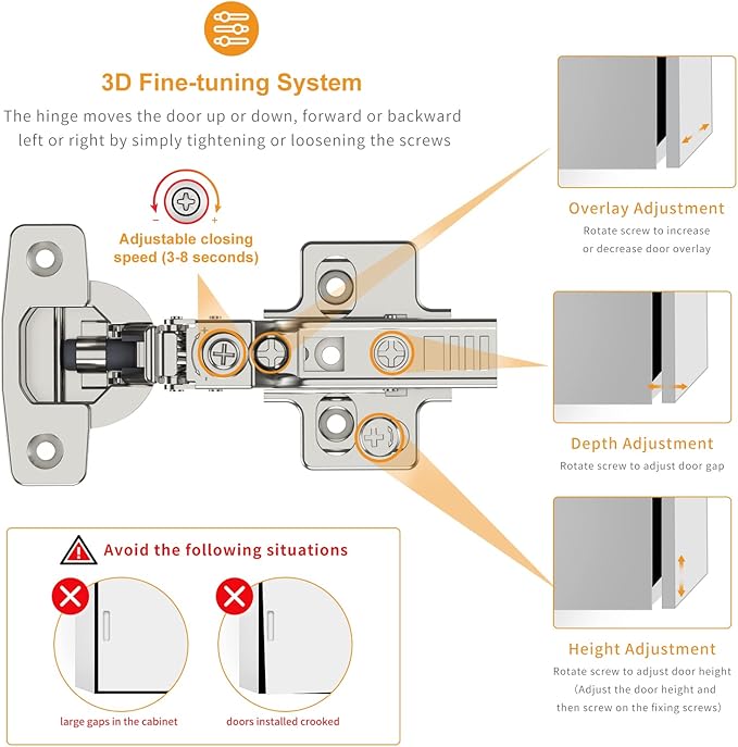 Chibery 10 Pack Frameless Inset Soft Close Concealed European Hinges, Self Closing Satin Nickel, 105 ° Open Angle 4D Adjustment, Speed Control, Clip On, Stainless Steel for Cabinet Door