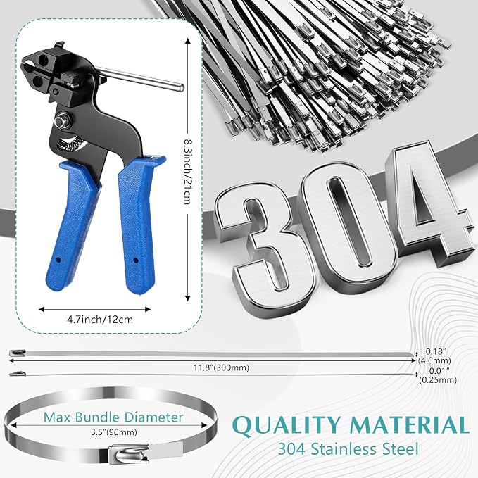 LEIFIDE 500 Pcs Metal Zip Ties Gun Kit, 11.8 Inch 304 Stainless Steel Metal Zip Cable Ties, Heavy Duty Self Locking 220 Pound Tensile Strength Cable for Exhaust Wrapping Fence Outdoor Workshop(Blue)