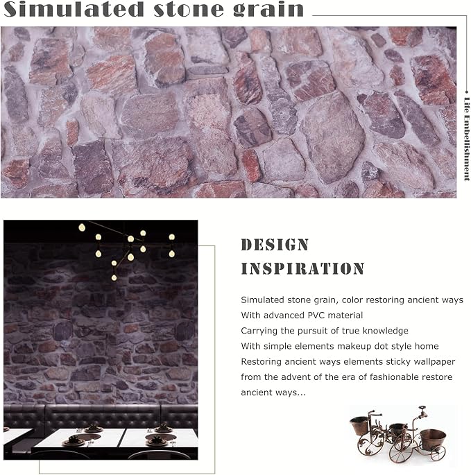 3D Brick Stone Wallpaper Peel and Stick Wall Paper Faux Stone Brick Wallpaper Waterproof Self Adhesive Removable Wall Paper for Bedroom Living Room Wall Decor, Pink 15.7" X 393"