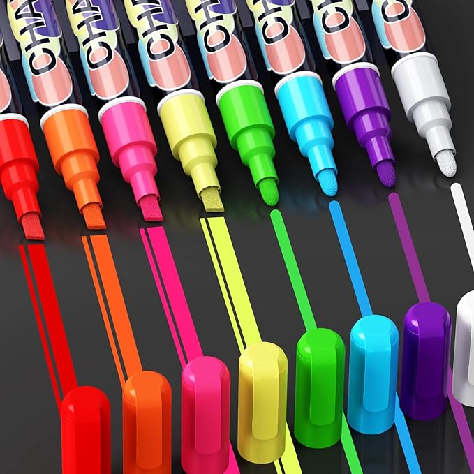 Liquid Chalk Markers Pens - 8 Colors Washable & Wet Erase Neon Chalk Makers for Blackboard, Chalkboard Signs, Glass Window, Menus, Car Windows & Event Decorations - Erasable Window Markers for Cars