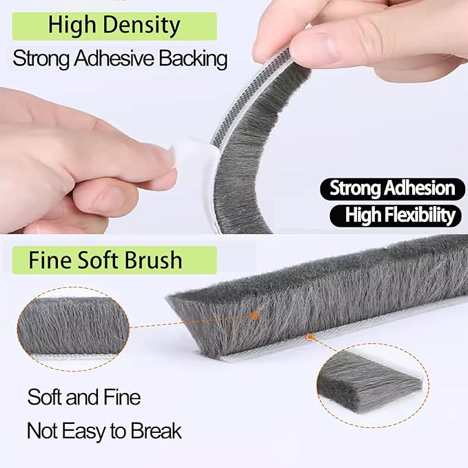 ZOMPAGO Strong Adhesive Brush Weather Stripping 0.9in (T）x 0.4in (W) x 33FT, Grey, Door Seal for Sliding Windows & Doors, Soundproof Noise Blocker, Draft Stopper for Garage Door Frame & Exterior Doors