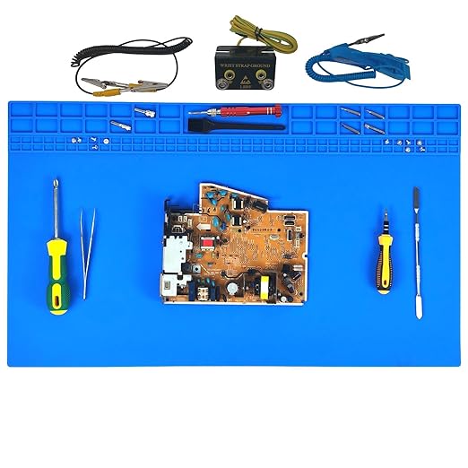 23.7'' x 13.8'' Large Soldering Mat with Wrist Strap 932°F Heat Resistant Extra Large Silicone Solder Mat Repair Workbench Mat for Electronic, Cellphone, Laptop Repair (Blue)