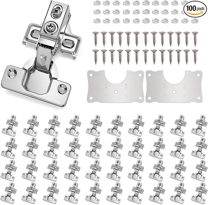 Cabinet Hinges - 100 Pack for 1/2 inch Overlay Cabinet, Face Frame Concealed 105Deg Self Closing Hinges, Stainless Soft Close Cabinet Door Hinges with Mounting Screws and Repair Plate