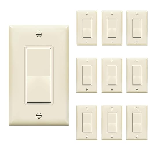 ENERLITES 3-Way Decorator Paddle Rocker Light Switch with Wall Plate, Gloss Finish, Single Pole or Three Way, 3 Wire, Grounding Screw, 15A 120V/277V, UL Listed, 93150-LAWP, Light Almond (10 Pack)