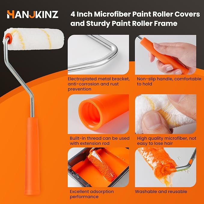 60 Pack Microfiber Paint Roller 4 Inch, Small Paint Roller Covers, 3/8 Inch Nap, Mini Paint Rollers for House Painting with Paint Roller Frame, Wall Painting Tool