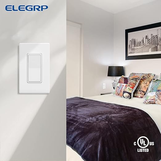 ELEGRP Matte White 3 Way Decorative Light Switch with Plate, 15 Amp, 120-277 Volt, AC Rocker Paddle Wall Switch Replacement, Self-Grounding, Residential Grade, w/Wall Plate, UL Listed (10 Pack)