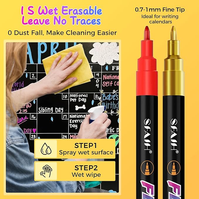 SFAIH Liquid Chalk Markers for Blackboard - Vibrant 24 Colors 0.7mm Fine Tip, Wet Erase Marker for Chalkboard, Menu, Bistro, Signs, Windows, Glass, Labels, Dust-Free [1s Wet Wipe] - No Residue