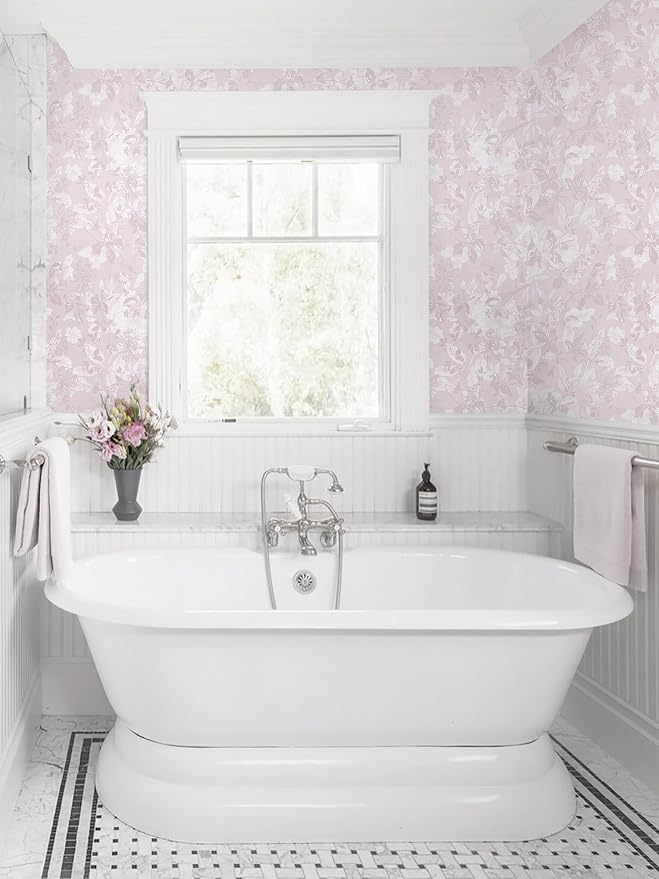 17.3" X 393" Peel and Stick Wallpaper Floral Boho Pink Contact Paper Bird Cute Girl Modern Wall Paper Renter Friendly Waterproof Removable Self Adhesive Bedroom Kitchen Dorm Cabinets Vinyl