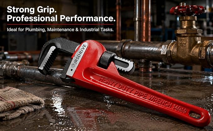 Heavy Duty Pipe Wrench, 18 Inch Adjustable Straight Plumbing Wrench, Hardened Steel Jaws with Professional Cast Iron Handle for Industrial, Construction, and Home Maintenance E-2049