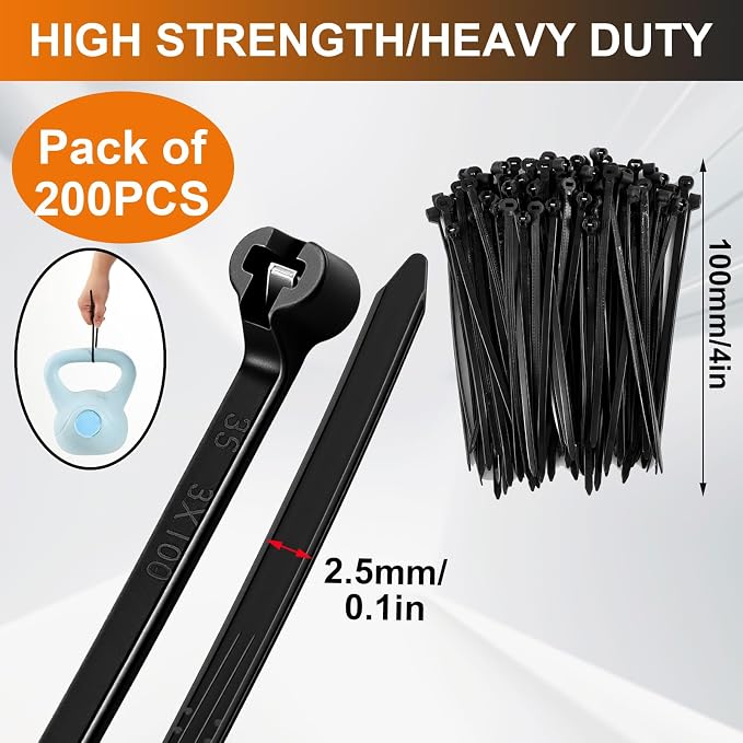Blulu 200 Pcs 4 Inch Cable Zip Ties with Metal Tooth Stainless Steel Locking Device, Black Cable Ties, UV Resistant Wire Wraps Multi Purpose for Industrial Indoor Outdoor Use