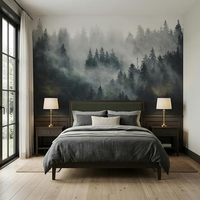 MFWFM Misty Forest Peel and Stick Wallpaper Foggy Forest Scenic Wall Murals | 137"x96", for Bedroom Living Room Bathroom, Self Adhesive Canvas